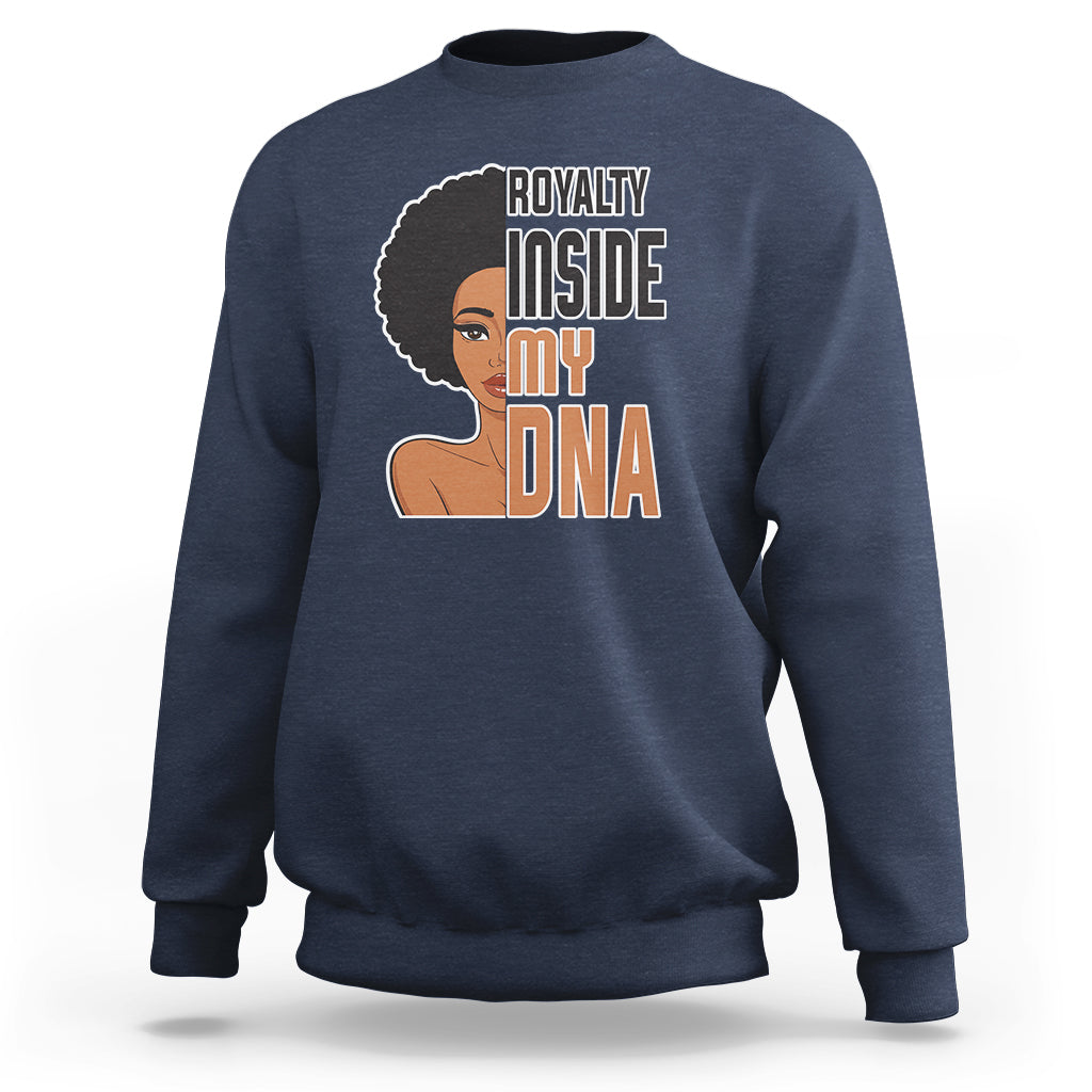 Women’s navy crewneck sweatshirt with 'Royalty Inside My DNA' front graphic