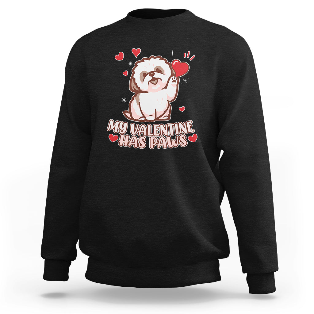 Black crewneck sweatshirt with cute Shih-tzu in hearts, "My Valentine has paws" graphic