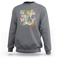 Charcoal crewneck sweatshirt with colorful "Single But Won't Mingle" graphic
