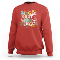 Red crewneck sweatshirt with colorful "Single But Won't Mingle" graphic