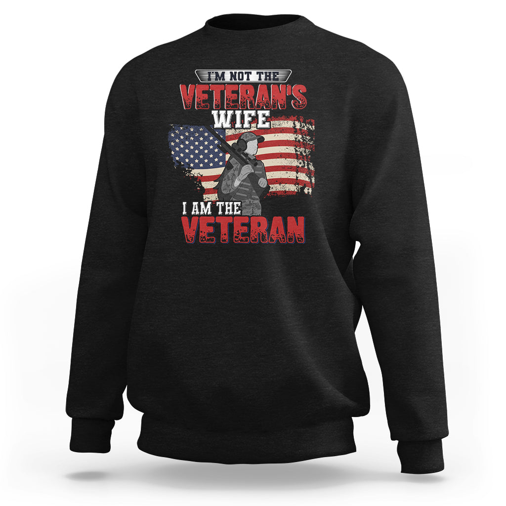 Black women's sweatshirt with Veteran graphic and American flag, crewneck long sleeves