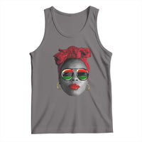 Heather gray sleeveless tank top with stylized face graphic, red head wrap and sunglasses