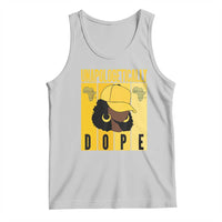 Light gray tank top with yellow graphic text and face illustration