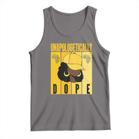 Dark heather gray tank top with bold yellow graphic print on the front