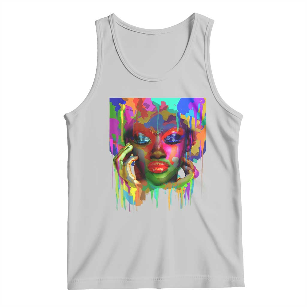 Light gray sleeveless scoop-neck tank top with colorful painted face graphic