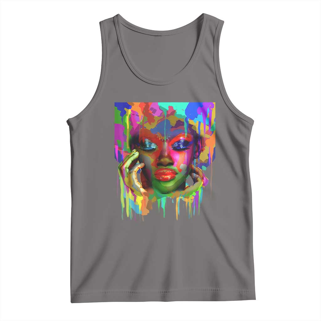 Gray graphic tank top with colorful painted portrait front print