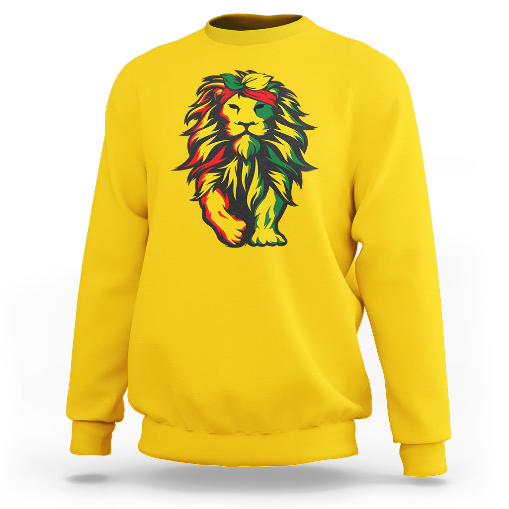 Yellow crewneck sweatshirt with multicolor lion graphic on the chest
