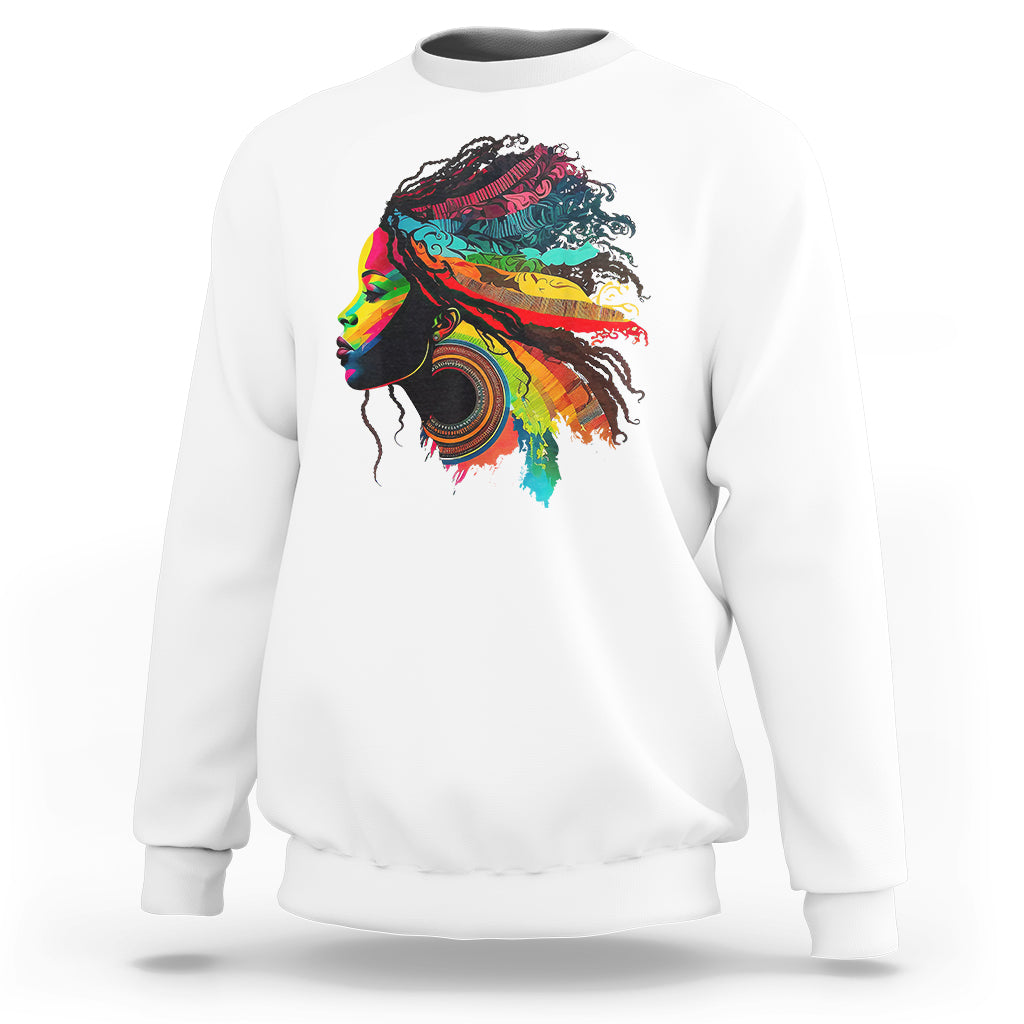 White sweatshirt with colorful afro woman profile graphic on the front