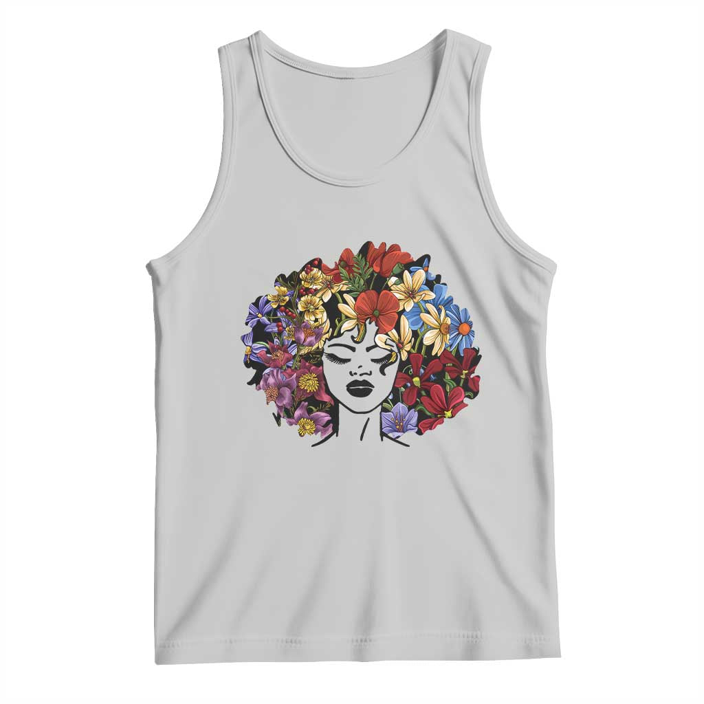 Women's sleeveless tank top, light gray, colorful floral woman profile front graphic.