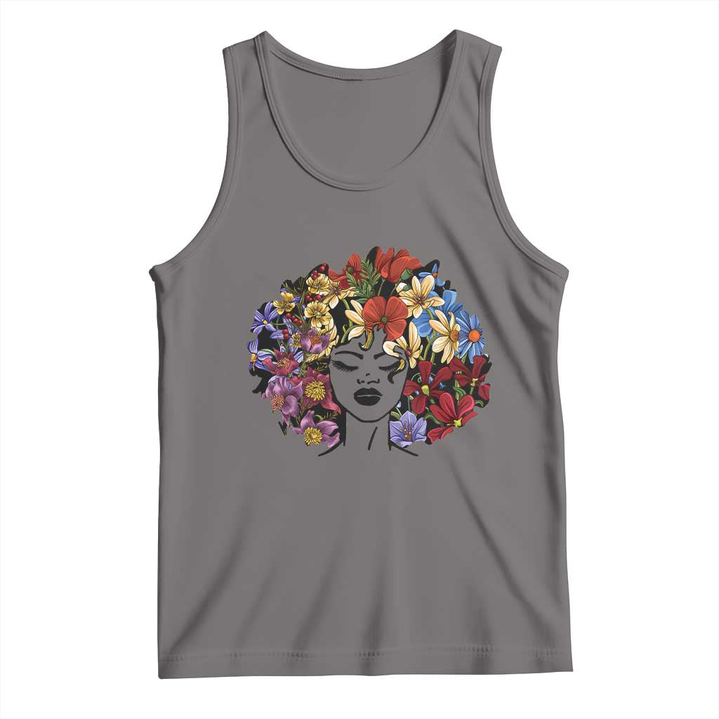 Women’s gray scoop-neck graphic tank top with colorful flower wreath and face