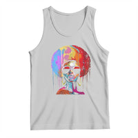 Light gray women's tank top with multicolor afro woman face graphic