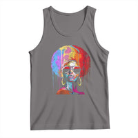 Black heather women’s graphic tank top with colorful afro portrait print