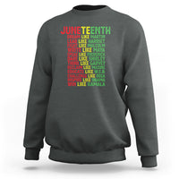 Juneteenth sweatshirt, dark heather with red slogan graphic on back