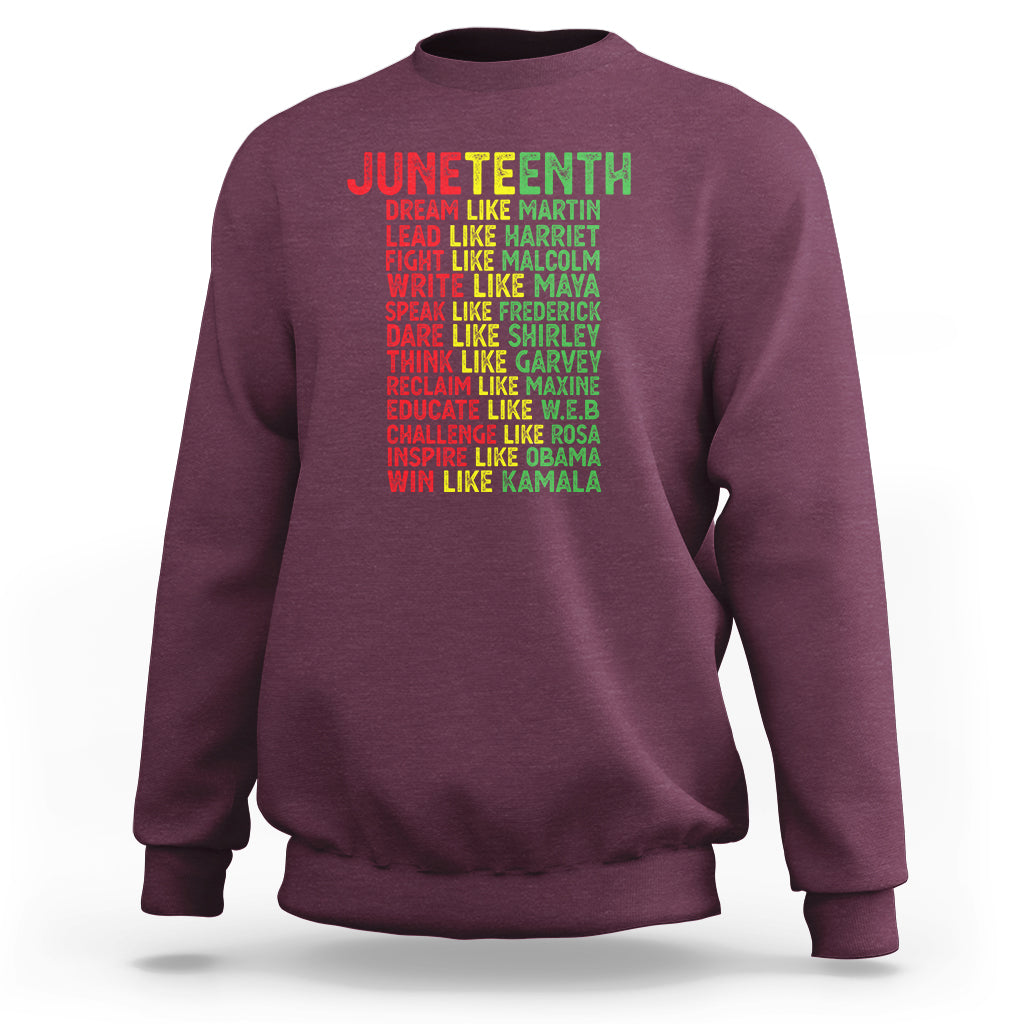 Juneteenth sweatshirt, maroon with red slogan graphic on back