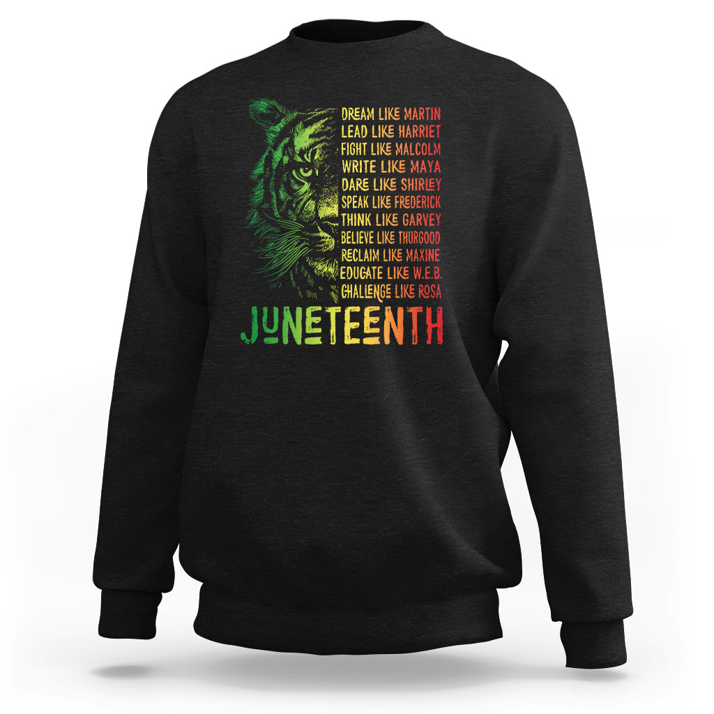 Juneteenth sweatshirt in black with green lion graphic and “Juneteenth” text