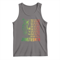 Gray Juneteenth tank top with neon green and yellow quote graphic, sleeveless crew neck