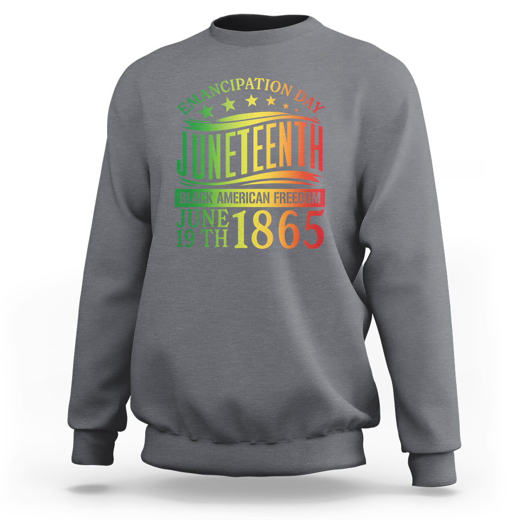 Heather gray crewneck sweatshirt with colorful Juneteenth emancipation graphic on front.