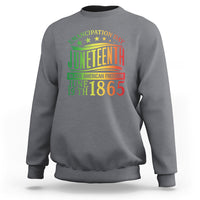 Heather gray crewneck sweatshirt with colorful Juneteenth emancipation graphic on front.