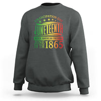 Charcoal gray crewneck sweatshirt with colorful Juneteenth emancipation graphic on front.