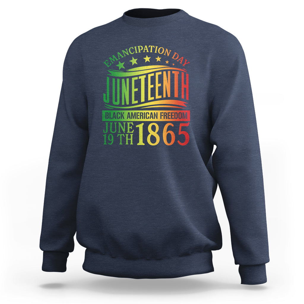 Navy blue crewneck sweatshirt with colorful Juneteenth emancipation graphic on front.