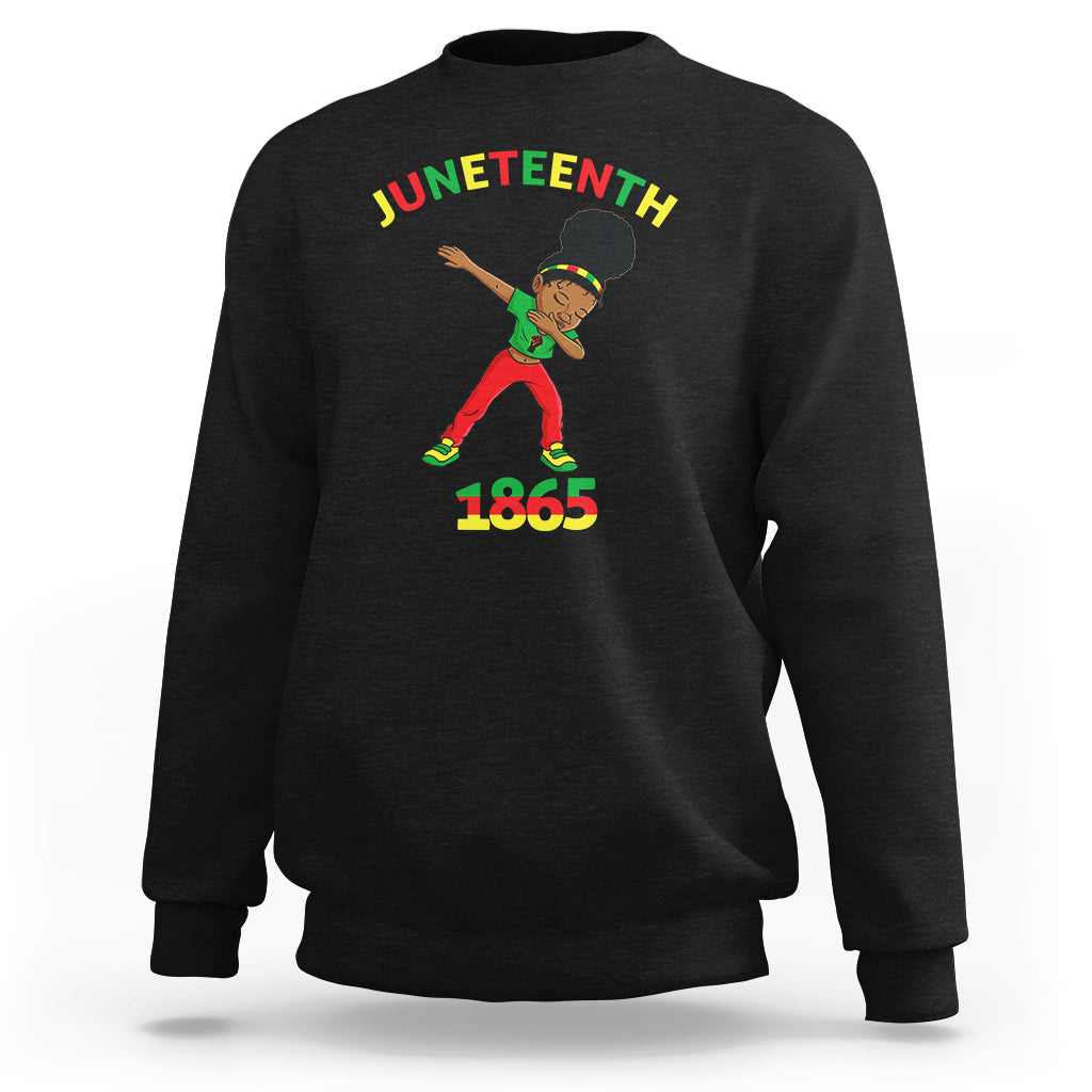 Black crewneck sweatshirt with Juneteenth graphic and 1865 print