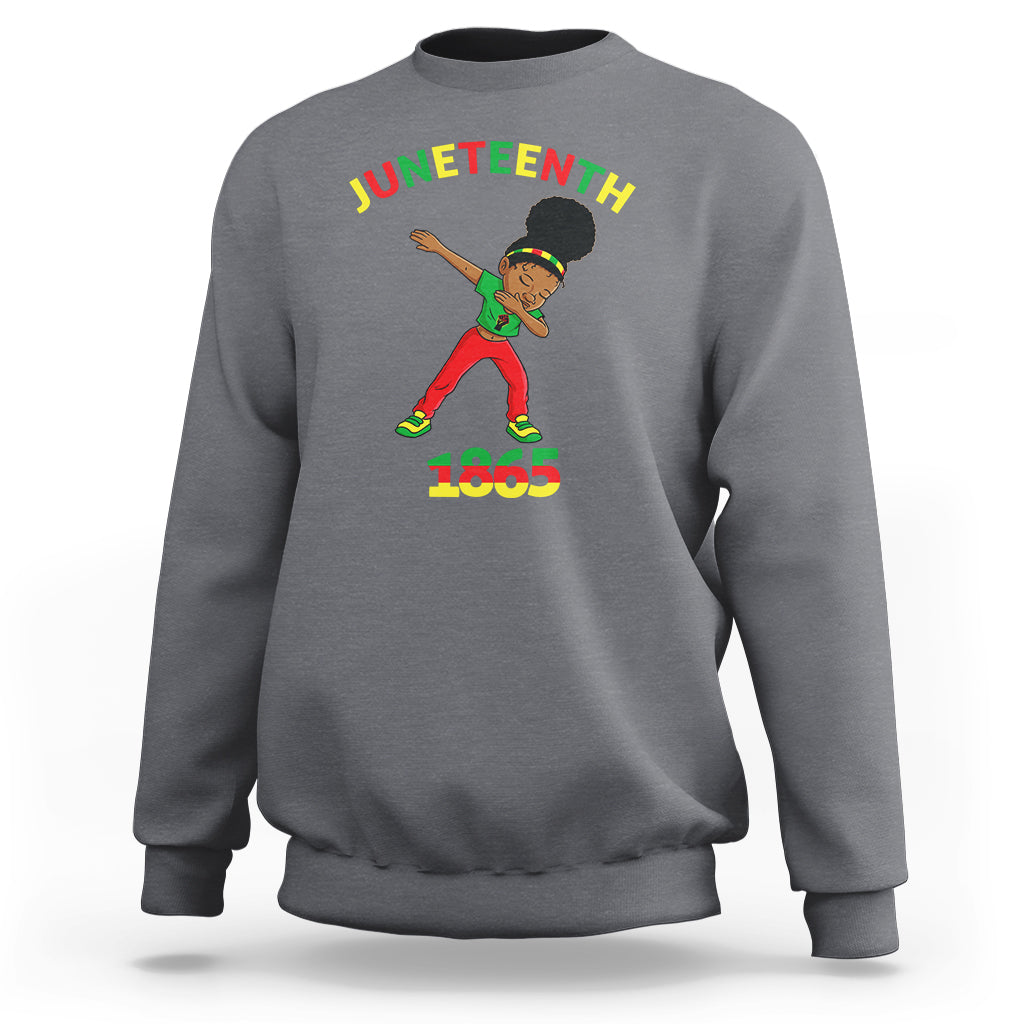 Gray crewneck sweatshirt with Juneteenth graphic and 1865 print
