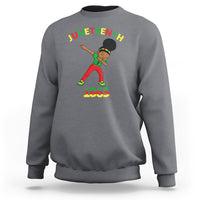 Gray crewneck sweatshirt with Juneteenth graphic and 1865 print