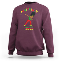 Maroon crewneck sweatshirt with Juneteenth graphic and 1865 print