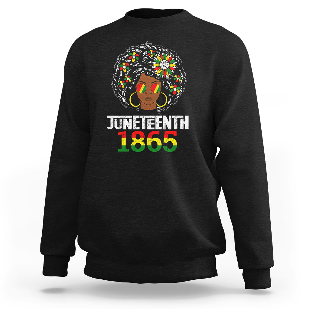 Black crewneck sweatshirt with Juneteenth 1865 graphic