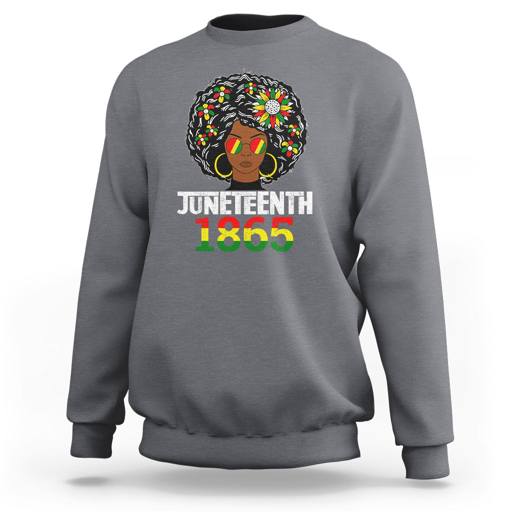 Heather gray crewneck sweatshirt with Juneteenth 1865 graphic