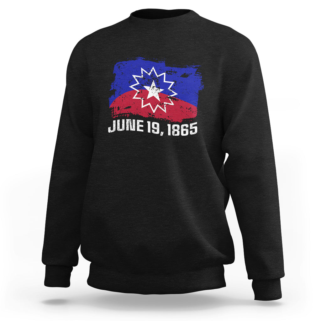 Black Juneteenth flag sweatshirt with starburst graphic and 'JUNE 19, 1865'