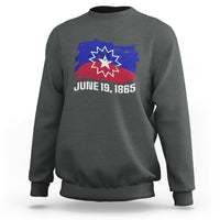 Charcoal gray Juneteenth flag sweatshirt with starburst graphic and 'JUNE 19, 1865'