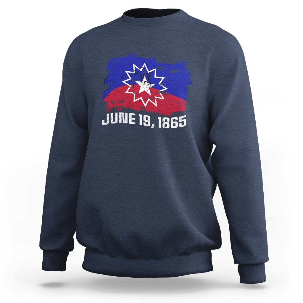 Navy Juneteenth flag sweatshirt with starburst graphic and 'JUNE 19, 1865'
