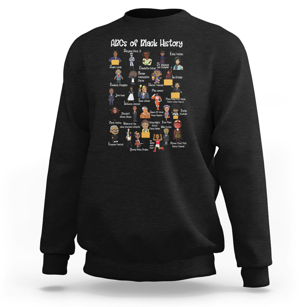 Black History ABCs sweatshirt, black with colorful character poster graphic on front