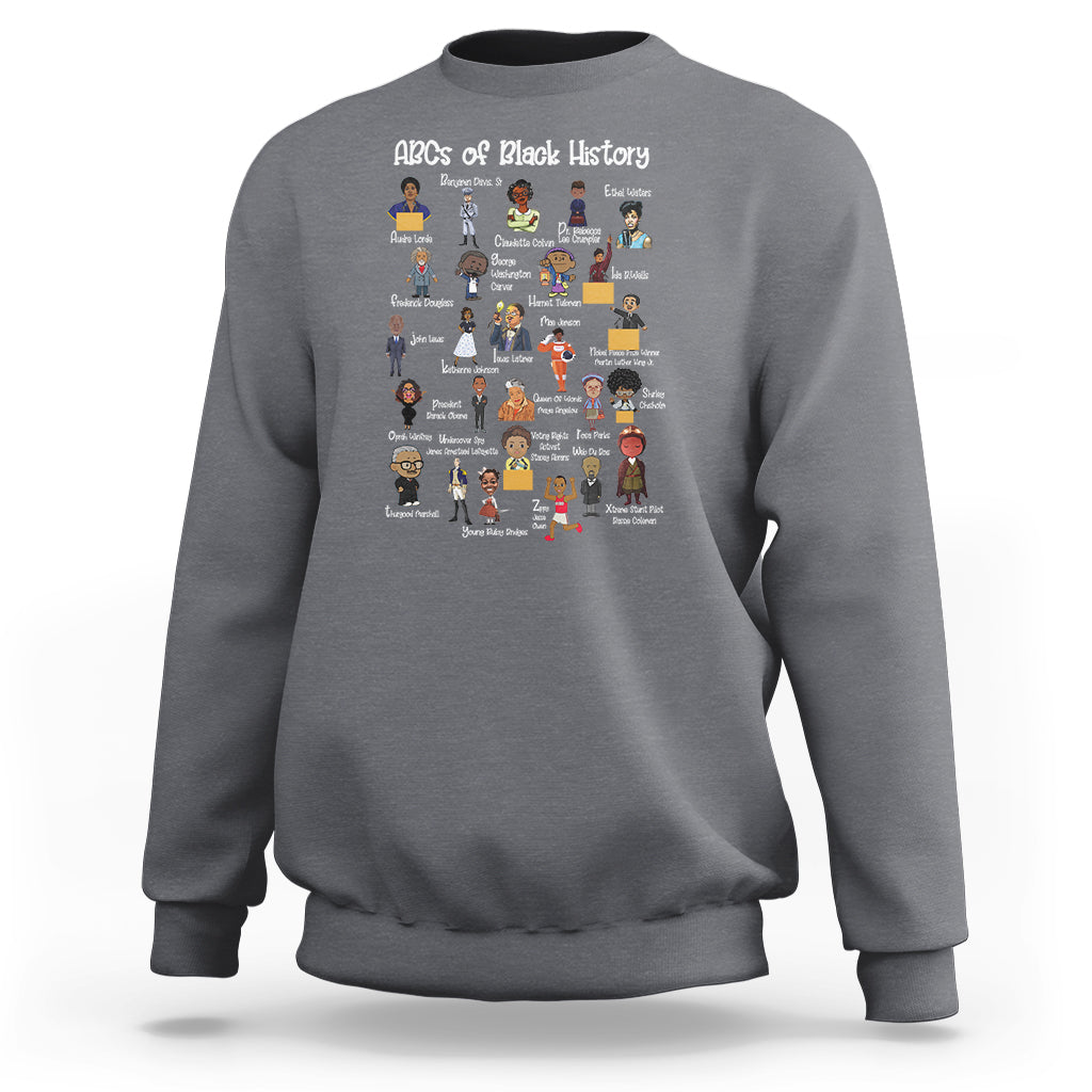 Black History ABCs sweatshirt, dark heather gray with colorful character poster graphic on front