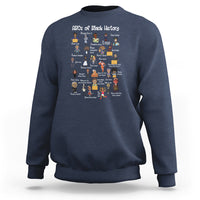 Black History ABCs sweatshirt, navy blue with colorful character poster graphic on front