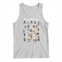 Light gray sleeveless tank top with printed ABCs of Black History characters
