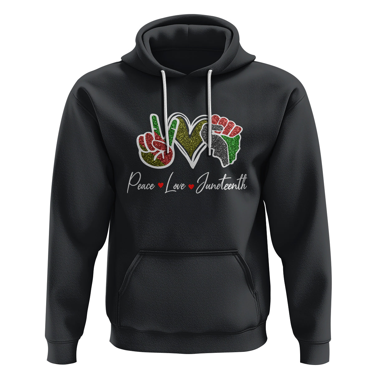 Black Juneteenth hoodie with colorful heart graphic and white drawstring hood