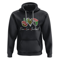 Black Juneteenth hoodie with colorful heart graphic and white drawstring hood