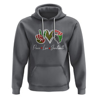 Charcoal heather Juneteenth hoodie with colorful heart graphic and white drawstring hood