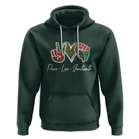 Dark forest green Juneteenth hoodie with colorful heart graphic and white drawstring hood