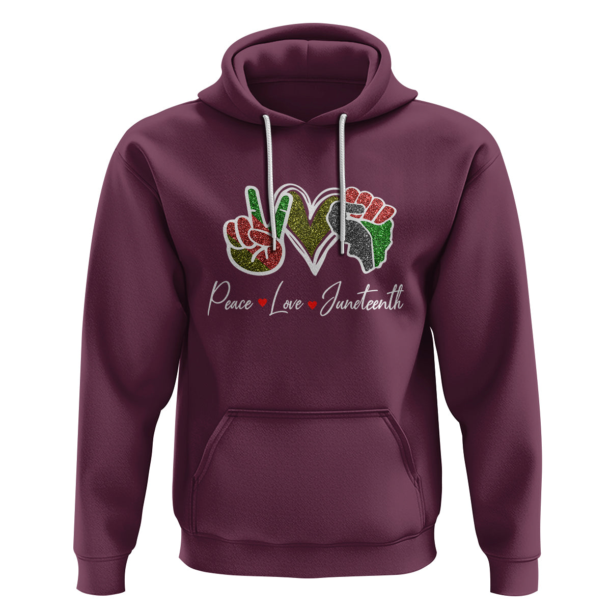 Maroon Juneteenth hoodie with colorful heart graphic and white drawstring hood