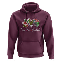 Maroon Juneteenth hoodie with colorful heart graphic and white drawstring hood