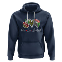 Navy Juneteenth hoodie with colorful heart graphic and white drawstring hood