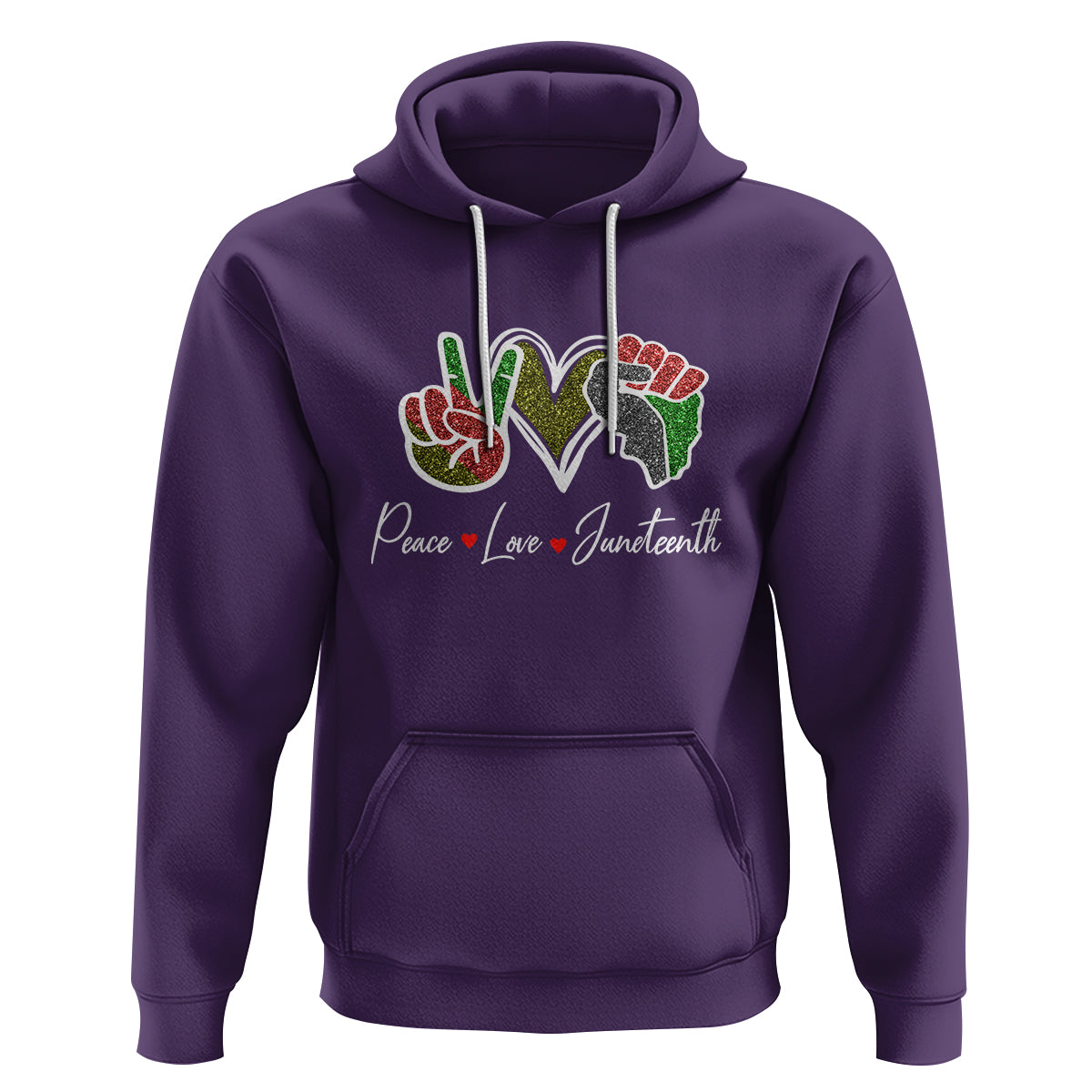 Purple Juneteenth hoodie with colorful heart graphic and white drawstring hood