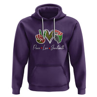 Purple Juneteenth hoodie with colorful heart graphic and white drawstring hood