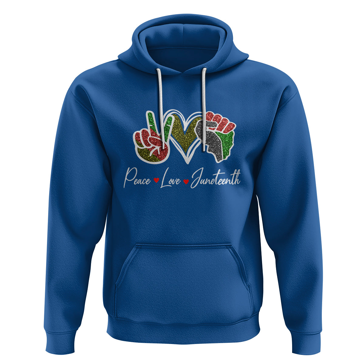 Royal blue Juneteenth hoodie with colorful heart graphic and white drawstring hood
