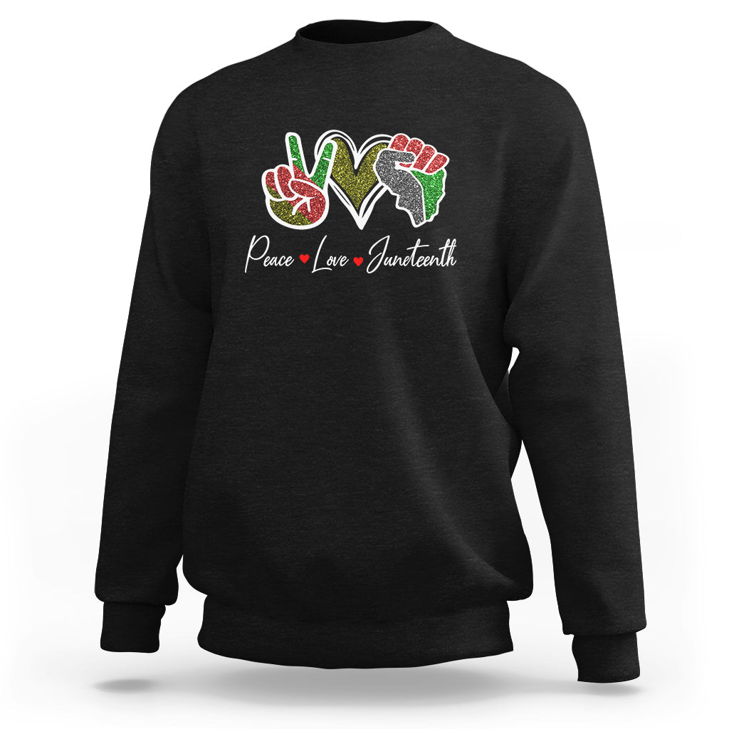 Black Juneteenth sweatshirt with colorful peace-love graphic on chest