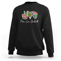 Black Juneteenth sweatshirt with colorful peace-love graphic on chest