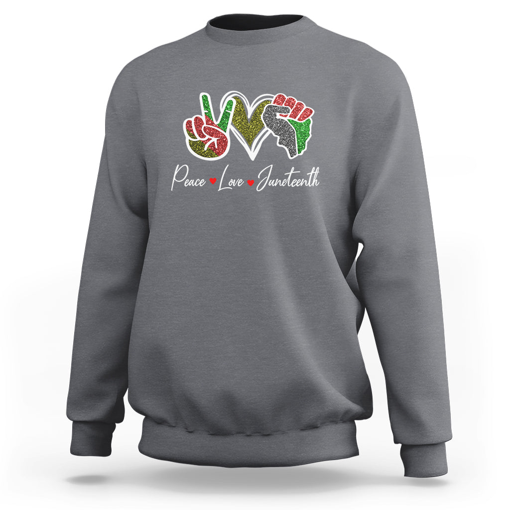 Charcoal gray Juneteenth sweatshirt with colorful peace-love graphic on chest
